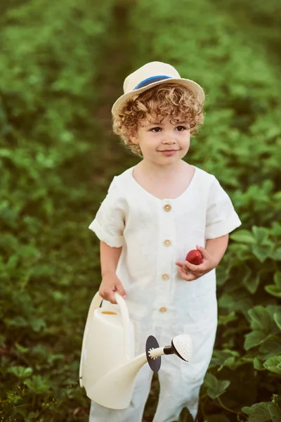 Beyaz Şapkalı Keten Elbiseli Küçük Kıvırcık Bir Beyaz Çocuk Bahçeye — Stok fotoğraf
