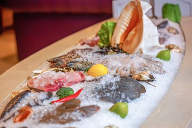 Kırılmış buz üzerinde taze deniz ürünleri