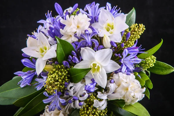 Bouquet di fiori euharis nei toni del bianco e viola su sfondo nero — Foto Stock