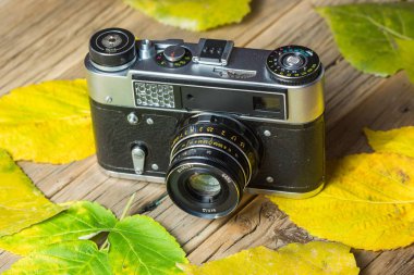 Vintage fotoğraf makinesi ile sonbahar akçaağaç arka plan üzerinde bırakır