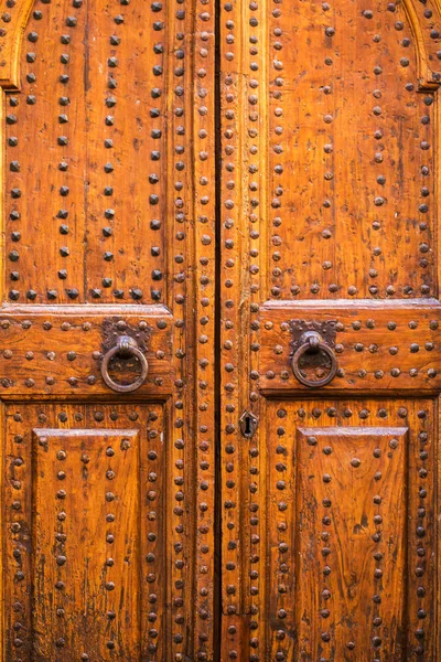 Del av ek dörrar med smidesjärn handtag i form av ringar — Stockfoto