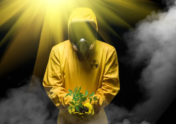 Mann im Chemikalienschutzanzug und grüne Pflanze. — Stockbild Mann im Chemikalienschutzanzug und grüne Pflanze — Stockfoto