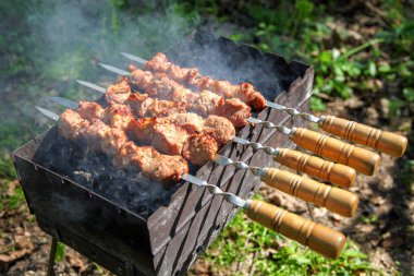 Ateş üzerinde pişirme et. Şiş kebap ızgara