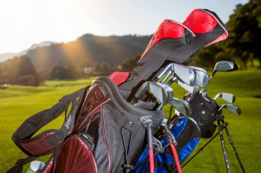 yeşil alan arka plan üzerinde golf kulüpleri sürücüleri. yaz günbatımı