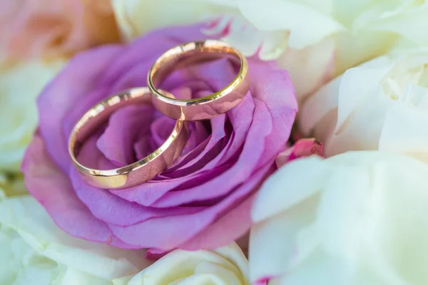 Wedding rings on the rose — Stock Photo, Image