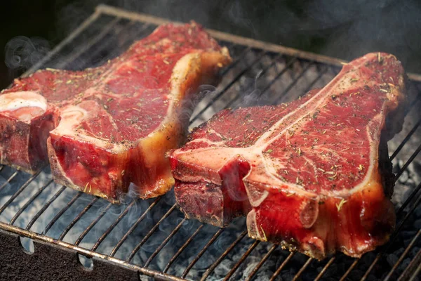 在户外便携式夏季烤肉时，选择烧烤的肉类和蔬菜，重点是肉质瘦长的带有迷迭香调味料的t骨牛排. — 图库照片