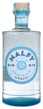 Venedik, İtalya - Mart 2020. Bir şişe Gin Malfy Orijinal (İtalya) 1 litre,% 41 Vol.