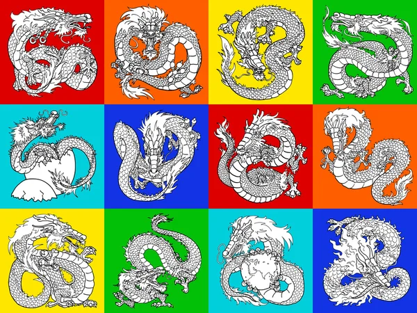 Definir contorno dragão asiático em multicolor — Vetor de Stock