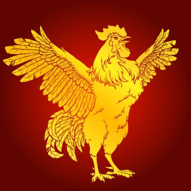 Dinç horoz kırmızı zemin üzerine altın