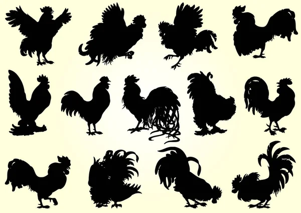 Set roosters black silhouette on white — Stock Vector