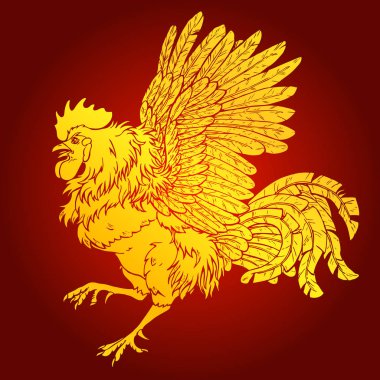 Pugnacius horoz kırmızı zemin üzerine altın