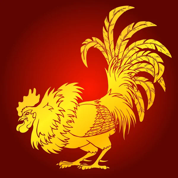 Cocky rooster gold on red background — Stock Vector