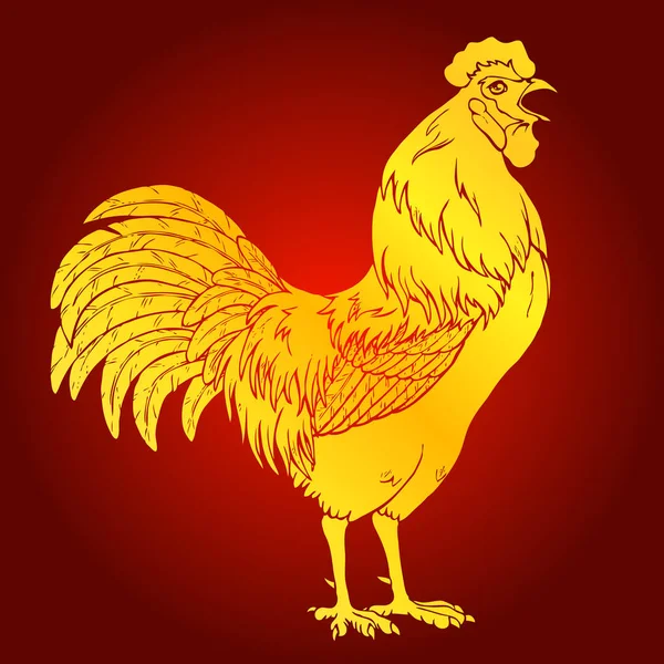 Crowing gold rooster on red background — Stock Vector