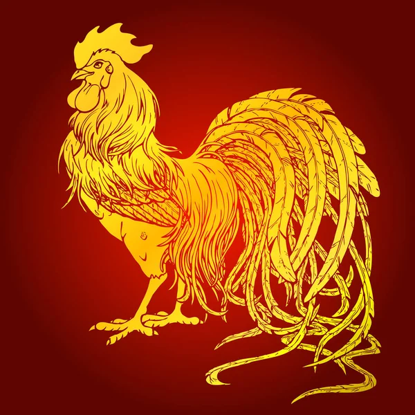 Handsome rooster gold on red background — Stock Vector