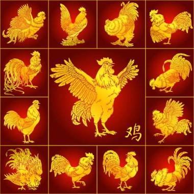 Set roosters gold on red clipart