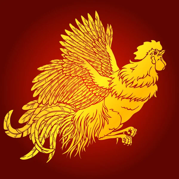 Flying rooster gold on red background — Stock Vector