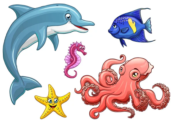 Beş sevimli deniz hayvan siyah beyaz olarak ayarla