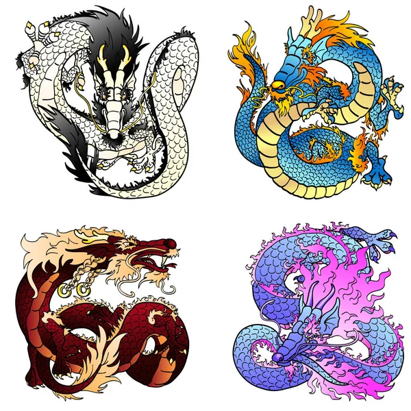 Set four flying Asian colorfull dragon — Stock Vector