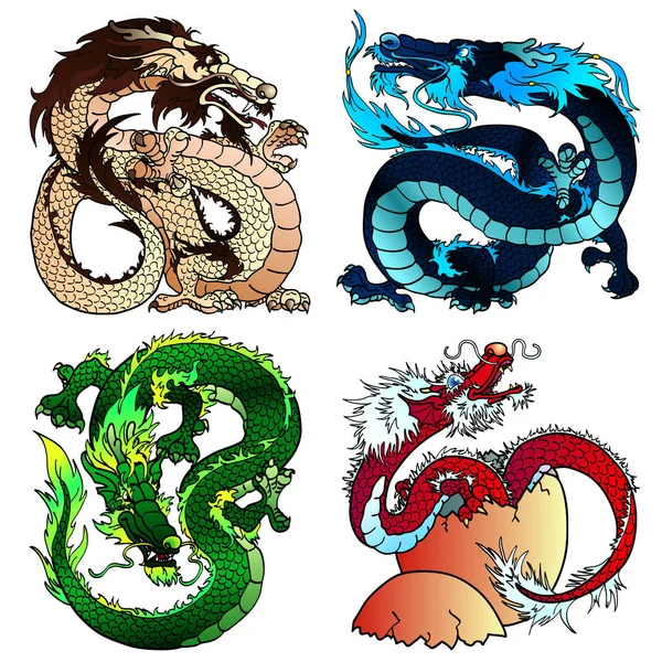 Definir quatro dragão colorido asiático forte — Vetor de Stock