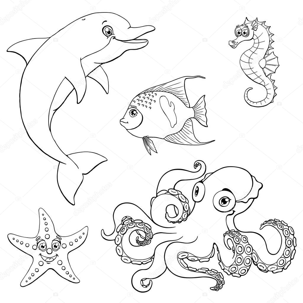 Conjunto contorno negro animales marinos Linda cinco — Vector de stock