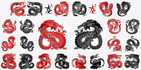 Ste 12 Dragón asiático negro y rojo — Archivo Imágenes Vectoriales