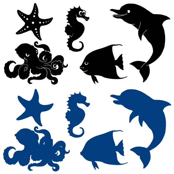 Пять морских животных силуэт на белом — стоковый вектор