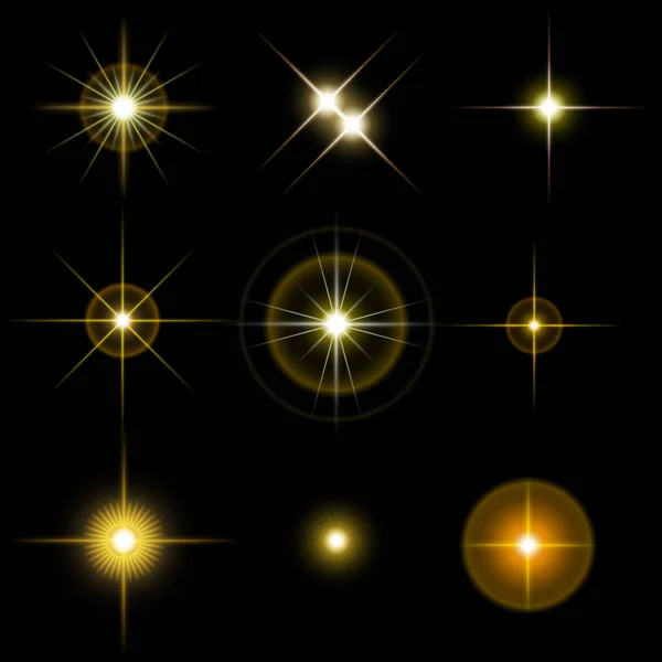 Conjunto de hermosas estrellas doradas en negro — Vector de stock