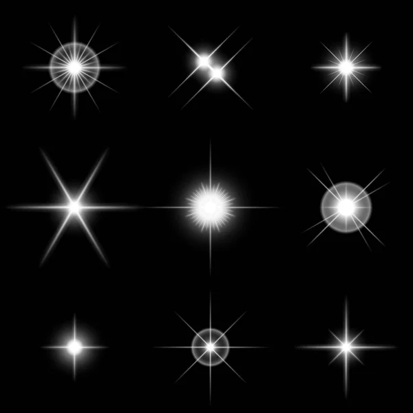 Conjunto de brillantes estrellas blancas sobre negro — Vector de stock