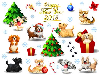 Büyük set yavru bir köpek ve nesne üzerinde beyaz