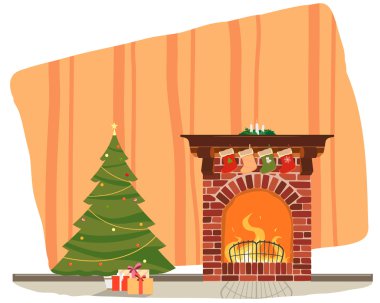 Odada şömine tarafından hediyeler ile Noel ağacı yok. Vektör çizim