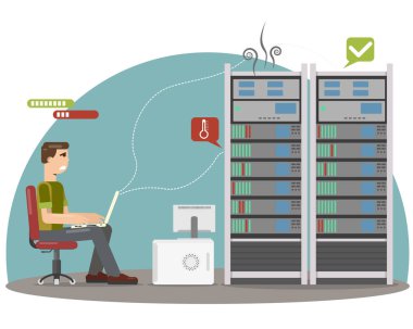 Sistem Yöneticisi sunucu kafasının üstünde ve kırık vardır şaşırmış. Vektör çizim