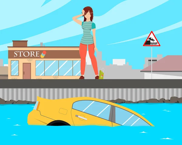 Het meisje ging naar de winkel om te winkelen en vergat te zetten van de auto op de handrem en de auto gleed in het water. Vectorillustratie — Stockvector