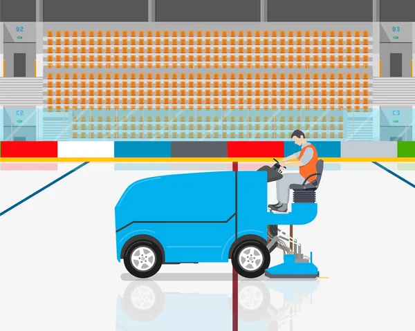 Stadium arbetare rengör rink på blå modern bil rengöring is. Vektorillustration — Stock vektor
