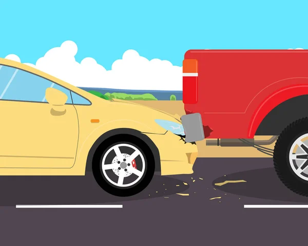 Passenger car crashed into pickup truck on road — Stock Vector