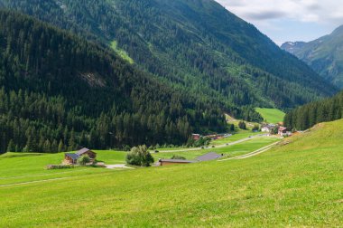 Ağaçlık dağların arka planında yeşil bir çayırda küçük bir köy.