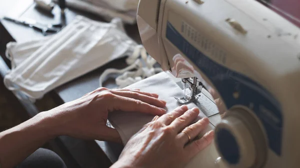 Stay Home Sewing Protective Antivirus Masks Woman Sews Masks Sewing — Stock Photo, Image