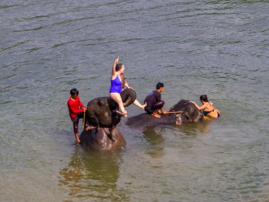 Kanchanaburi, Tayland - 4 Ocak 2020: Mahawangchang Fil Kampı 'nda fillerle yüzen turistler.