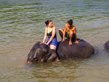 Kanchanaburi, Tayland - 4 Ocak 2020: Mahawangchang Fil Kampı 'nda fillerle yüzen turistler.