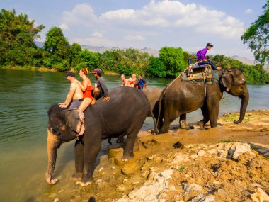Kanchanaburi, Tayland - 4 Ocak 2020: Mahawangchang Fil Kampı 'nda fil gezisi.