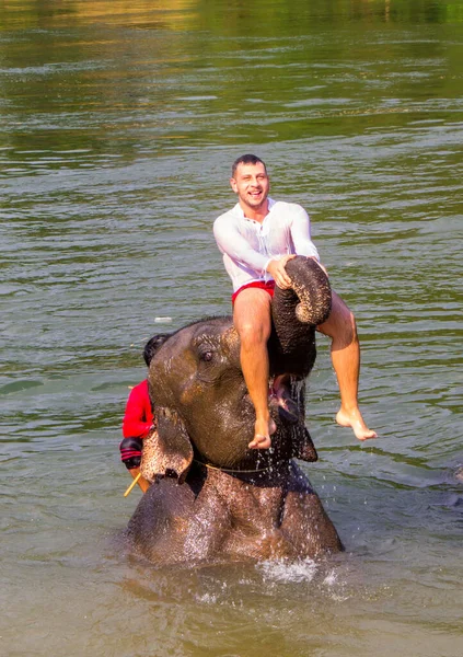 Kanchanaburi Tailândia Janeiro 2020 Turistas Nadando Com Elefante Campo Elefantes — Fotografia de Stock