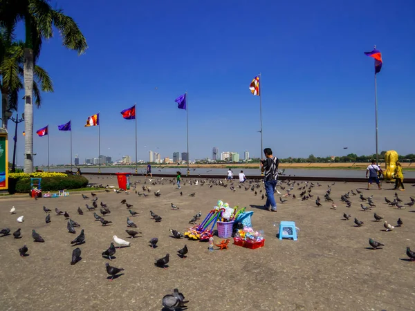 カンボジア プノンペン2020年1月9日メコン川堤防上の鳩と人々 — ストック写真