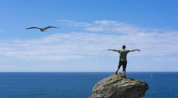 人类试图与海鸥一起飞翔面对大海 — 图库照片