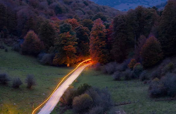 Camión Camino Embalse Irabia Otoño Bosque Irati Navarra — Foto de Stock