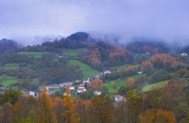 Bölge köyü sonbaharda ormanlarla çevrili, Navarra