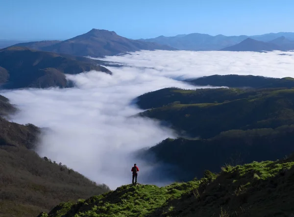 Montañero Cima Montaña Con Mar Nubes Fondo Parque Natural Aiako — Foto de Stock