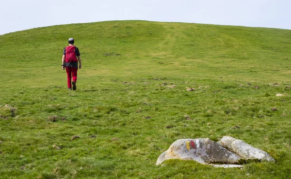 在Euskadi的Aiako Harriak自然公园 一名穿着红色衣服的远足者 — 图库照片