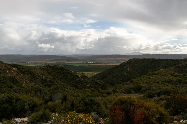 Hermoso paisaje sudafricano con tierras de cultivo en el backgrou Imagen De Stock