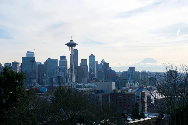 Seattle, Washington, ABD - 23 Ocak 2017: Arka planda Mount Rainier ile ışık sabah saatlerinde Kerry Parkı'ndan görülen Seattle manzarası panorama