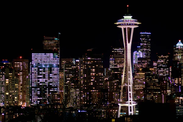 西雅图，华盛顿，美国-2017 年 1 月 23 日︰ 晚上城市景观的西雅图天际线与建筑物的灯光，从克里公园，在焦点的太空针塔的全景黑暗天空背景 — 图库照片