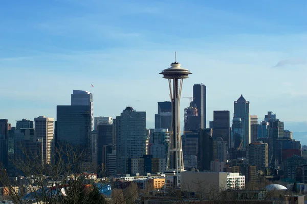 SEATTLE, WASHINGTON, USA - 24 GENNAIO 2017: Panorama sullo skyline di Seattle visto da Kerry Park durante la luce del giorno con il Monte Rainier sullo sfondo. Seattle è la città più grande sia nello Stato di — Foto Stock